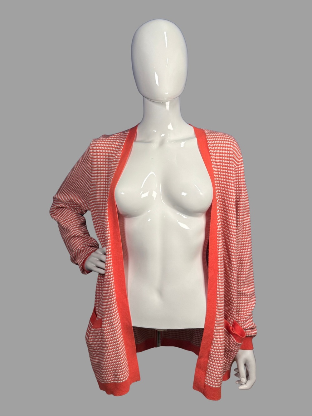 Jones New York Orange and White Patterned Open-Front Knit Cardigan